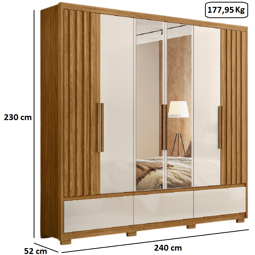 Guarda-Roupa Casal 6 Portas 5 Gavetas com Espelho Freij&oacute;/Off White Moval Amazonas, , large image number 3